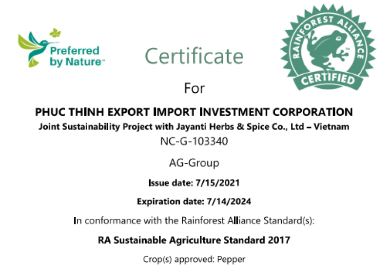 PTEXIM đạt chứng nhận Rainforest Alliance
